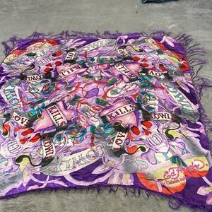 Ed Hardy Scarf Women OS Purple Love Kills Slowly Tattoo Silk Fringe Wrap Shawl